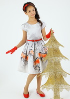 Праздничное платье для девочки с перчатками "Снегири" Серое 6675