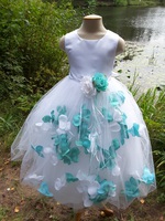 Детское платье с Разноцветными Лепестками Роз (Бирюзовый/Белый) KD-160