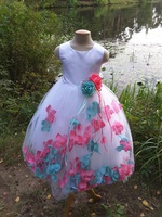 Детское платье с Разноцветными Лепестками Роз (Бирюзовый/Малиновый) KD-160